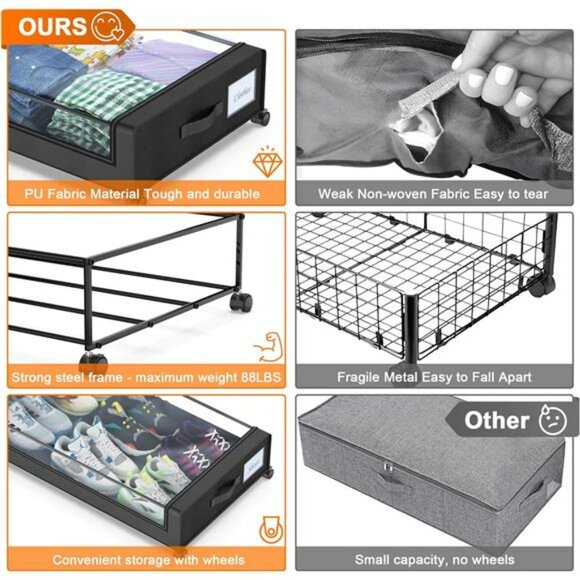 Under bed storage bins with wheels 2 pack large clothes organizer containers - Picture 3 of 7